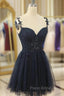 Black Tulle Spaghetti Straps Appliques Homecoming Dresses