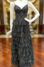 Black Tulle Spaghetti Straps Appliques Formal Prom Dresses