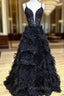Black Tulle Spaghetti Straps Tiers Formal Prom Dresses