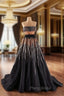 Black Tulle Strapless Pleats Beading Formal Prom Dresses