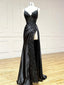 Black V Neck Lace Satin Long Formal Prom Dresses, Black Formal Prom Dresses