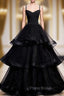 Black V Neck Tulle Long Formal Prom Dresses, Black Formal Graduation Dresses with Beading