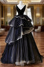 Black V Neck Tulle Velvet Long Formal Prom Dresses, Black Long Formal Dresses