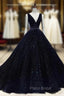 Black V-neckline Shiny Tulle Beaded Sweet 16 Dresses, Black Formal Dresses