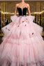 Black Velvet And Pink Tulle Strapless Ball Gown, Pink Backless Ruffles Formal Dresses