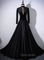 Black Velvet and Satin Long Sleeves See Through Back Formal Dresses, Black Evening Dresses