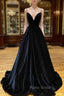 Black Velvet Long A-Line Formal Prom Dresses, V-Neck Backless Evening Formal Dresses