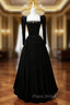 Black Velvet Long Sleeve Crystal Formal Prom Dresses