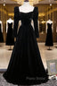 Black Velvet Long Sleeve Formal Prom Dresses, A-Line Evening Party Dresses
