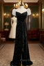 Black Velvet Puff Sleeve Pleats Formal Prom Dresses With Split