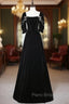Black Velvet Short Sleeve Pearls Formal Prom Dresses
