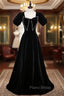 Black Velvet Short Sleeve Pearls Formal Prom Dresses