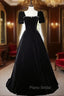 Black Velvet Short Sleeve Square Neck Crystal Formal Prom Dresses