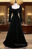 Black Velvet Square Bow Long Sleeve Formal Prom Dresses