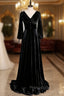 Black Velvet V-neck Long Sleeve Button Formal Prom Dresses