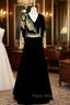 Black Velvet V-neck Long Sleeve Gold Beading Formal Prom Dresses