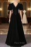 Black Velvet V-neck Short Sleeve Formal Prom Dresses