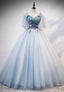 Lovely Spaghetti Strap Blue Long Prom Dresses, Lace Evening Dresses