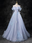 Blue A-Line Off Shoulder Tulle Long Formal Prom Dresses, Blue Formal Dresses