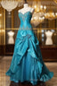 Blue A-Line Spaghetti Straps Satin Beaded Long Formal Prom Dresses Sweetheart Neck Applique Graduation Formal Prom Dresses