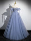 Blue A-Line Tulle Beads Long Formal Prom Dresses, Blue Long Formal Dresses