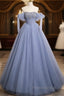 Blue A-Line Tulle Beads Long Formal Prom Dresses, Blue Long Formal Dresses