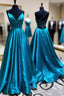 Blue A Line V Neck Backless Satin Long Formal Prom Dresses Open Back Formal Graduation Evening Gowns