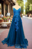 Blue A-line V Neck Formal Prom Dresses Spaghetti Straps Sweep Train Tulle Evening Dresses With Appliqued