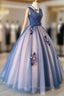 Blue and Pink Flower Lace Applique V-neckline Sweet 16 Gown, Floor Length Formal Dresses