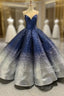 Blue And Silver Ball Gown Sequins Cap Sleeve Formal Prom Dresses