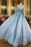 Blue Ball Gown Beaded and Lace Long Sweet 16 Dresses, Blue Tulle Formal Dresses