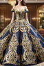 Blue Ball Gown Gold Sequins Off the Shoulder Deep V-neck Formal Prom Dresses