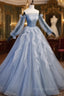 Blue Ball Gown Long Sleeves Beaded Party Dresses, Blue Formal Prom Dresses Sweet 16 Dresses