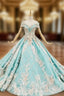 Blue Ball Gown Off the Shoulder Appliques Beading Formal Prom Dresses