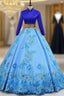 Blue Ball Gown Satin High Neck Backless Long Sleeve Appliques Quinceanera Dresses