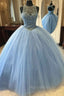 Blue Ball Gown Tulle Beaded Halter Backless Sweet 16 Formal Prom Dresses