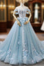 Blue Ball Gown Tulle Off The Shoulder Appliques Wedding Dresses