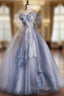 Blue Ball Gown Tulle Sequins Off the Shoulder Beading Formal Prom Dresses