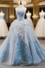Blue Ball Gown Tulle Sweetheart Sleevelss Princess Formal Prom Dresses With Train