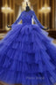 Blue Ball Gown Tulle Tiers Long Sleeve Beading Wedding Dresses