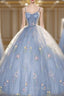 Blue Ball Gown with Scattered Little Flower Formal Prom Dresses