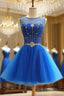 Blue Beaded Tulle Short Cute Homecoming Dresses, Blue Short Party Dresses Formal Prom Dresses