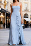 Blue Chiffon A Line Long Bridesmaid Dresses with Ruffles