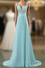 Blue Empire Spaghetti Straps Chiffon Backless Long Formal Prom Dresses