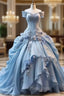 Blue Fairy 3D Floral Formal Prom Dresses Bustle Ruched Sweet 16 Ball Gown Quinceanera Dresses