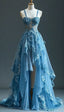 Blue Fairytale A-Line Hi-Lo Formal Prom Dresses For Masquerade Tulle&Lace Applique Spaghetti Strap Formal Evening Dresses