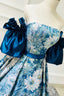 Blue Floral Pattern Long Senior Formal Prom Dresses, Off the Shoulder Evening Party Dresses