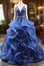 Blue Glitter Tulle Long A-Line Formal Prom Dresses, V-Neck Spaghetti Strap Backless Evening Party Dresses