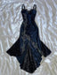 Blue Gorgeous Exquisite Applique Lace Spaghetti Straps Long Satin Prom Dress Evening Dress Party Dress
