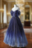 Blue Gradient Tulle Strapls Beading Formal Prom Dresses
